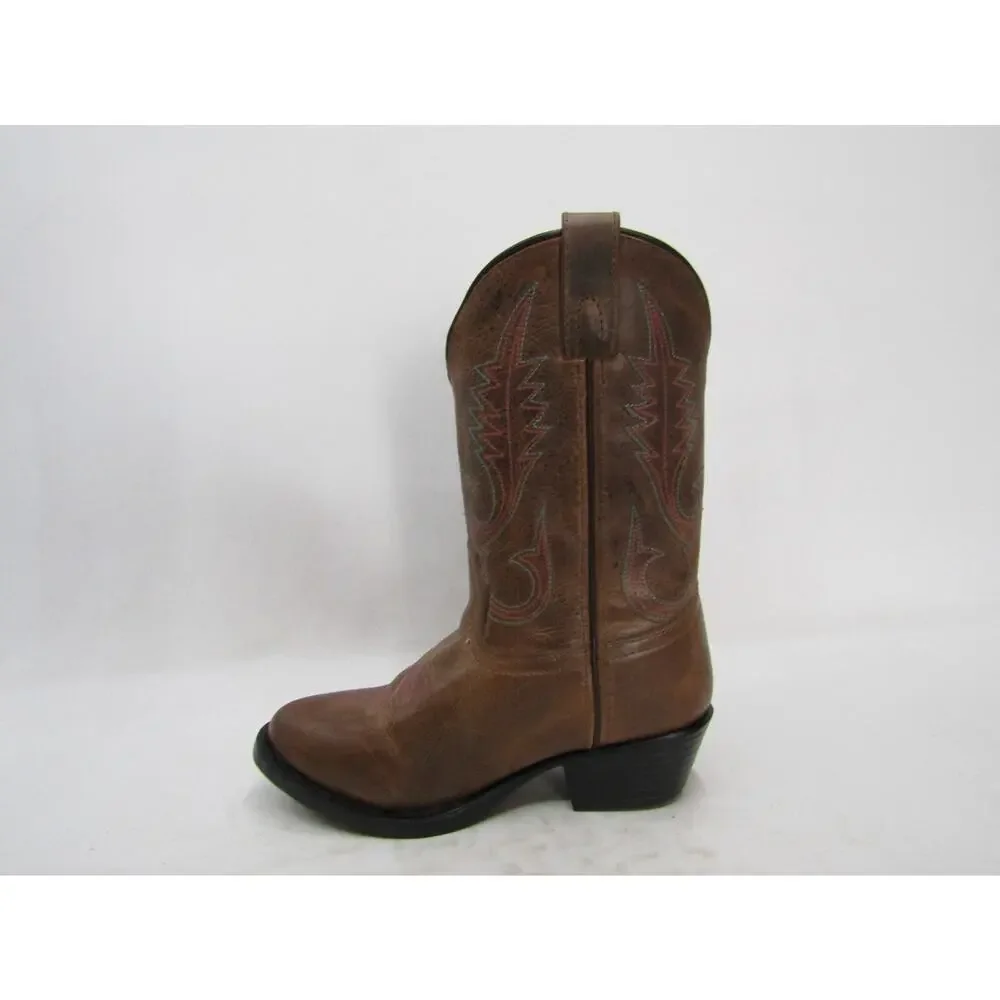 Smoky Mountain Youth Sz 2 R Brown Leather Pink Blue Stitching Cowboy Boots